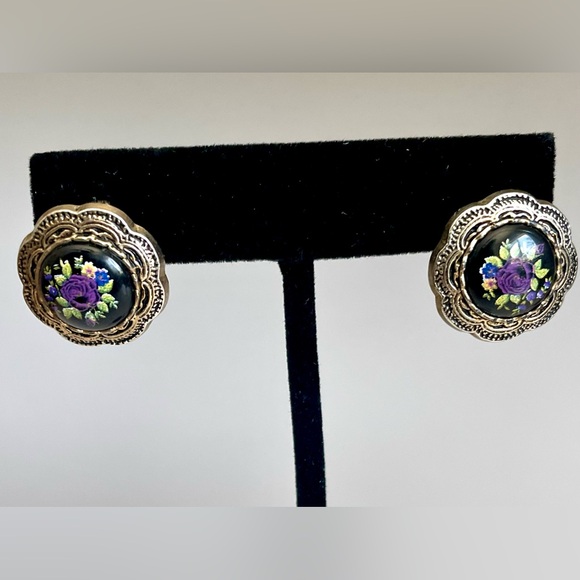 Vintage Floral Button Earrings Black Purple Rose Silver Tone Converted Studs EUC - Picture 4 of 9